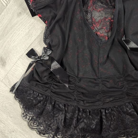 Nwts! Rene Rofe Women's Large Metalic Red & Black Lace Floral Lingerie With Bows - Picture 15 of 16